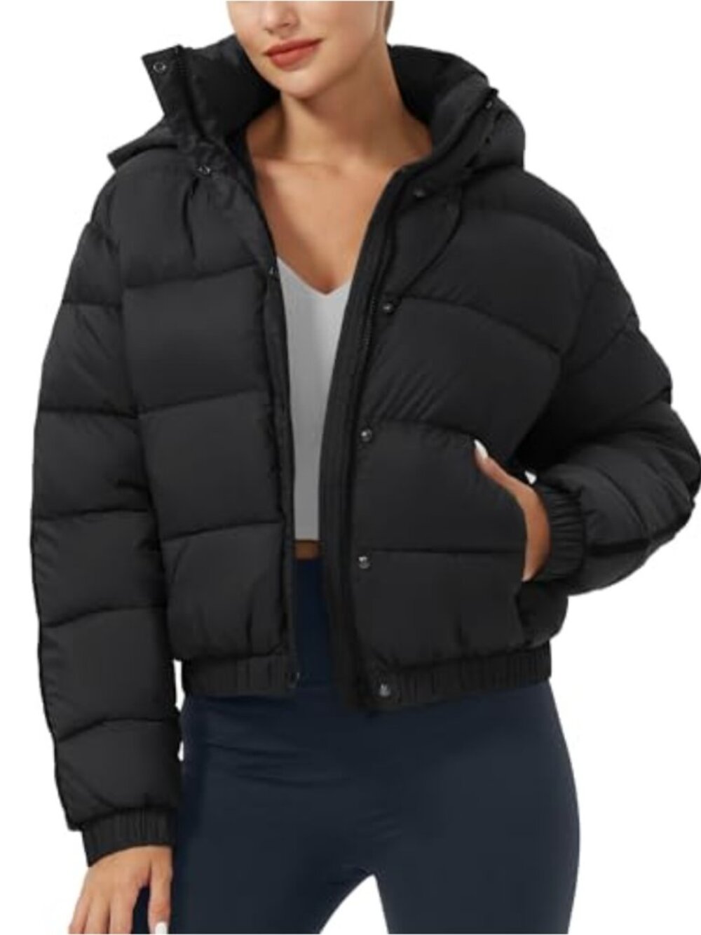 Cropped Puffer Jacket Hooded Waterproof Quilted Down Alternative Winter Coat